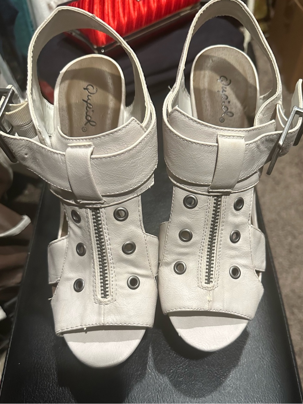 Qupid White Zip-Front Slingback Sandals with Grommet Detail